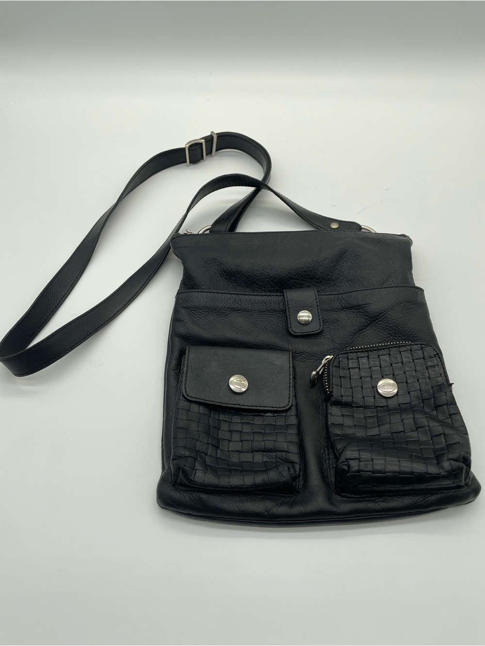 The Trend Italy Black Leather Crossbody Bag Woven Pockets Genuine Leather